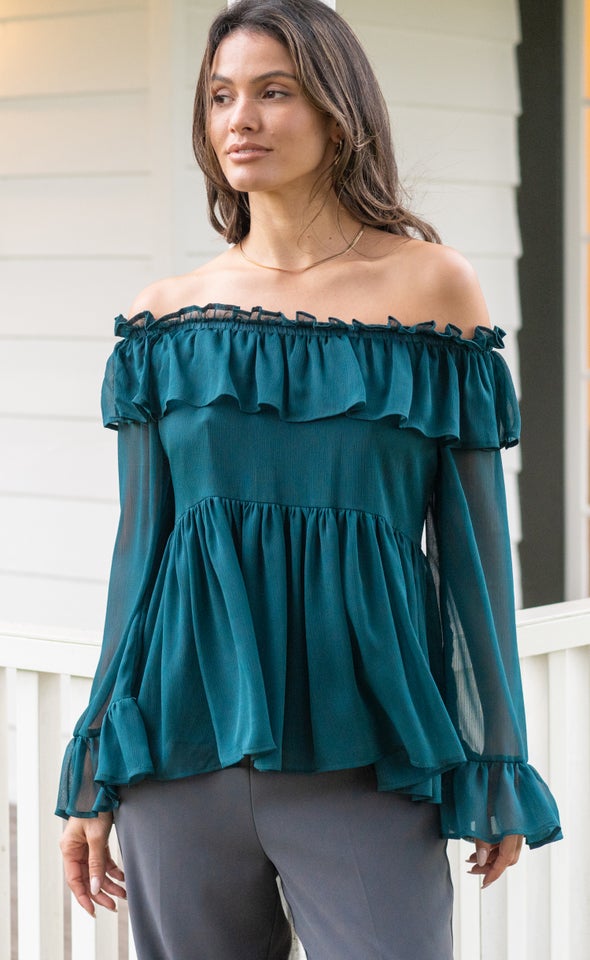 Chiffon Ruffle Off Shoulder Top Emerald