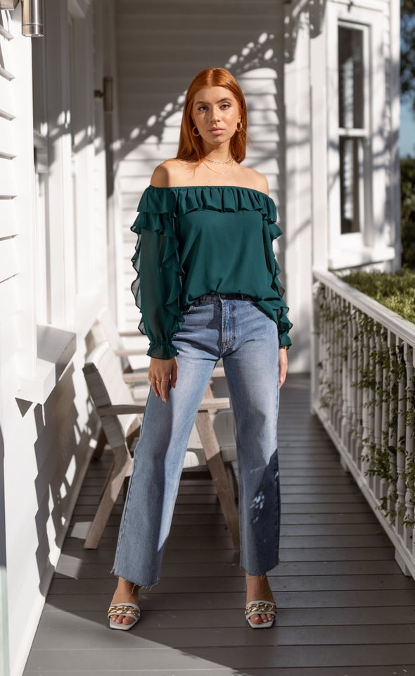Chiffon Ruffle Off Shoulder Top Emerald