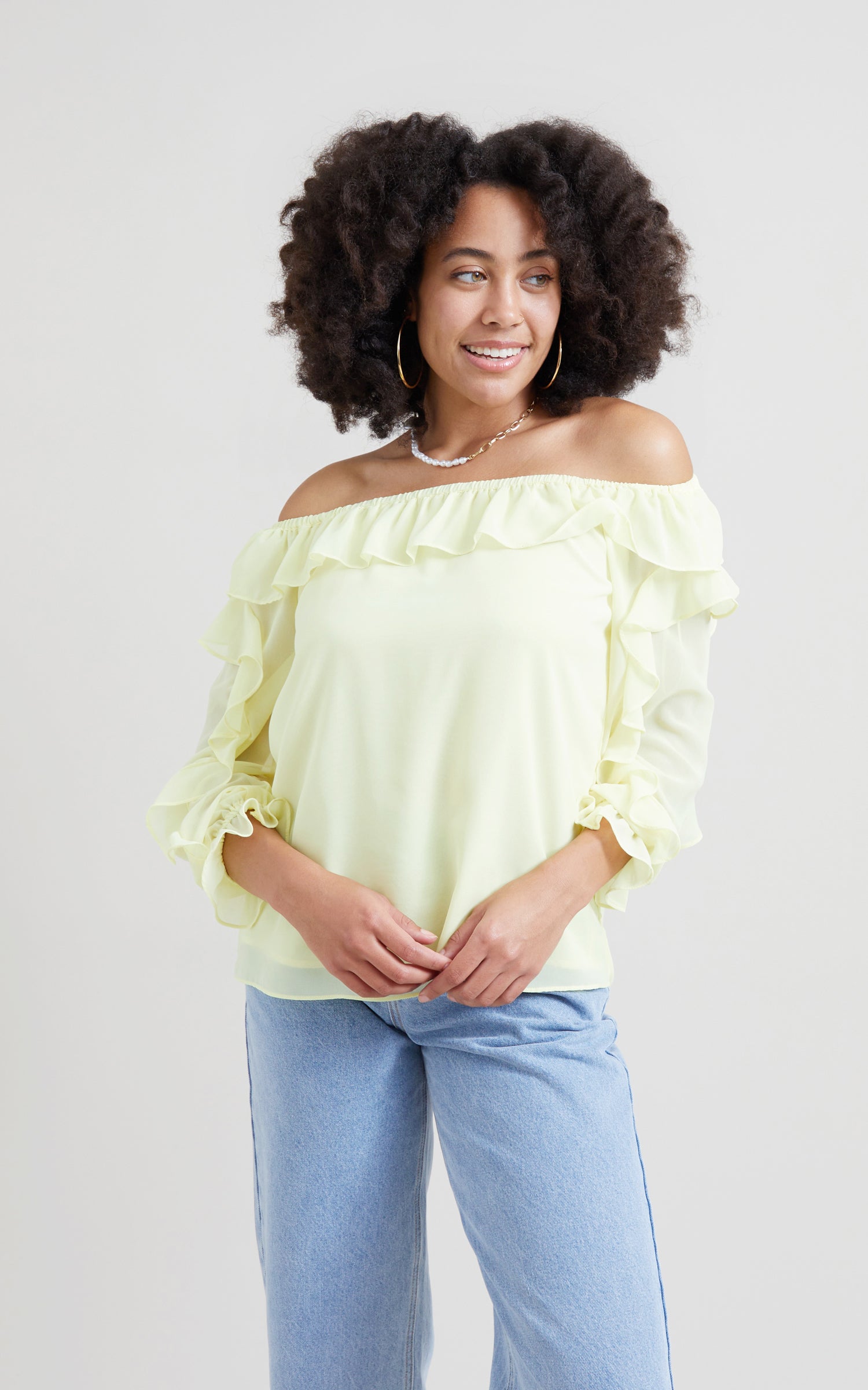 Shop our Chiffon Ruffle Off Shoulder Top in Lemon | Pagani