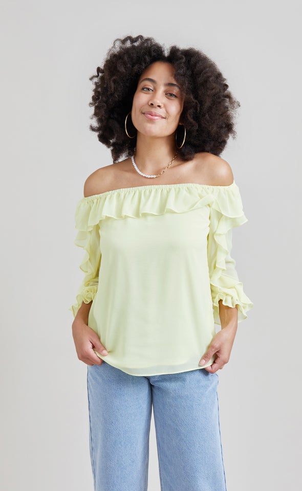 Chiffon Ruffle Off Shoulder Top Lemon