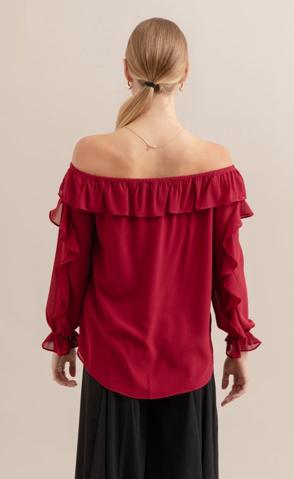 Chiffon Ruffle Off Shoulder Top Maroon