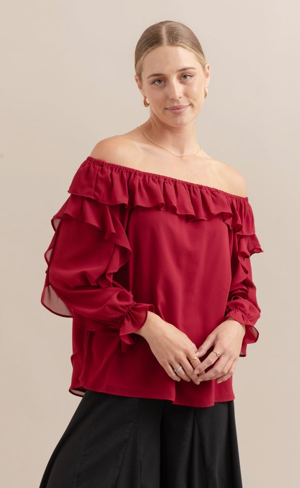 Chiffon Ruffle Off Shoulder Top Maroon