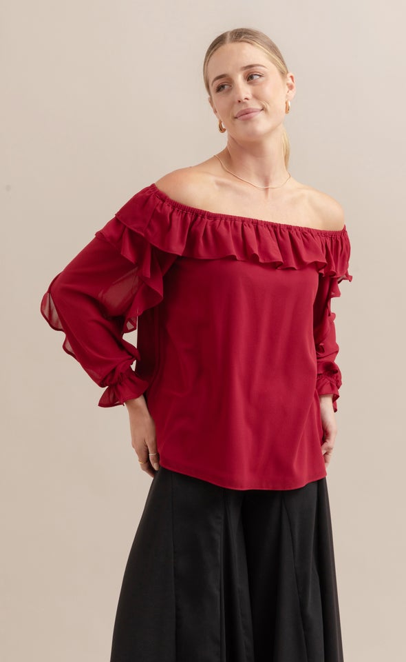 Chiffon Ruffle Off Shoulder Top Maroon