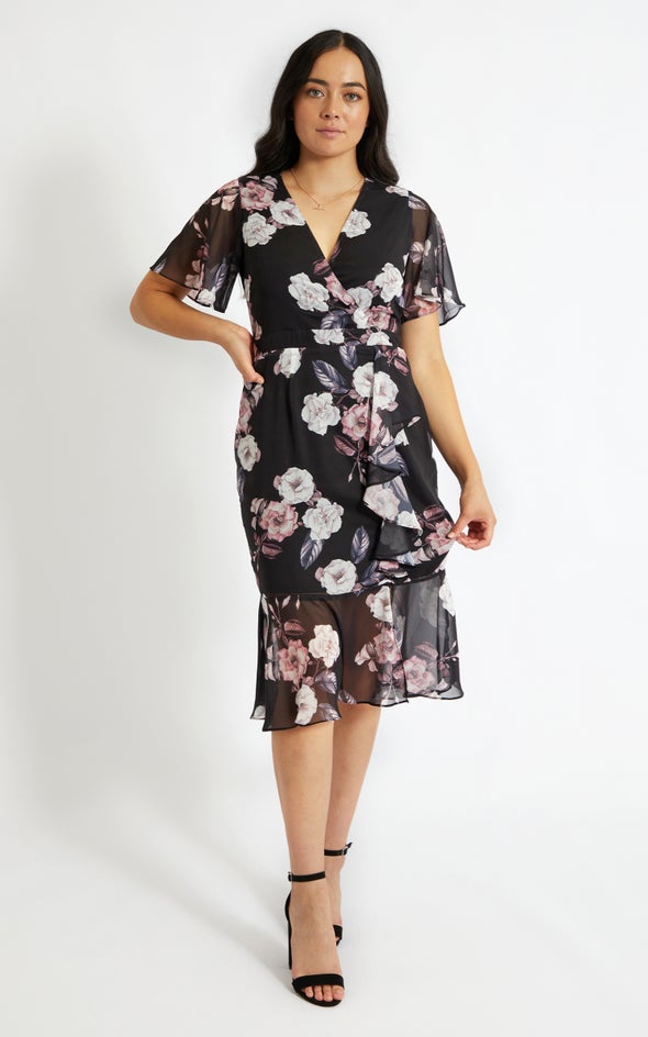 Chiffon Ruffle Peplum Hem Dress Black/floral