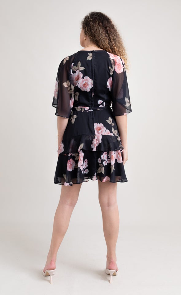 Chiffon Ruffle Skater Dress Black/floral