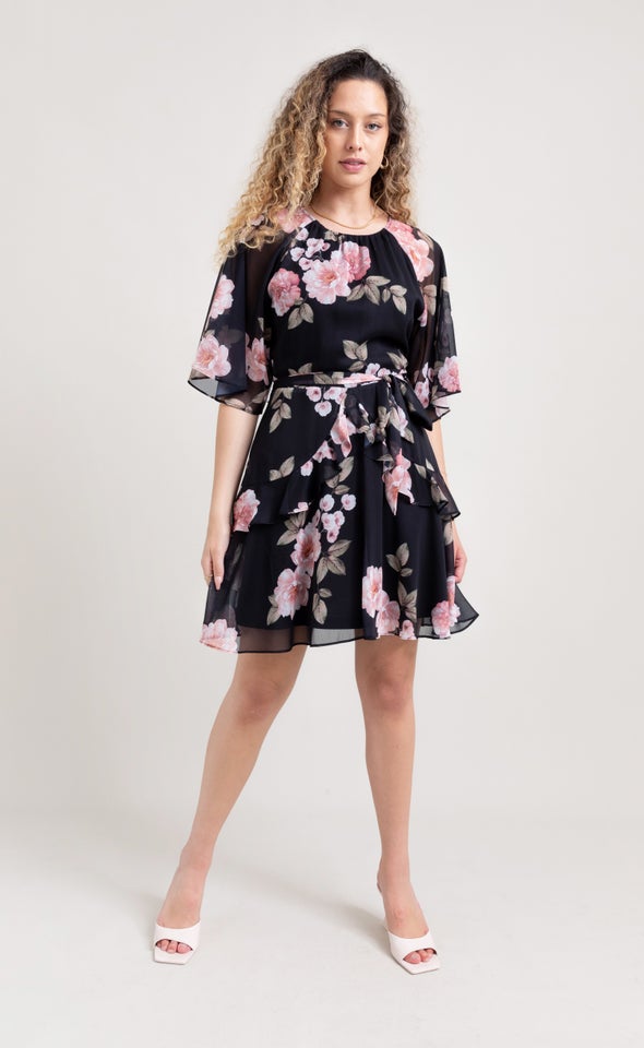 Chiffon Ruffle Skater Dress Black/floral