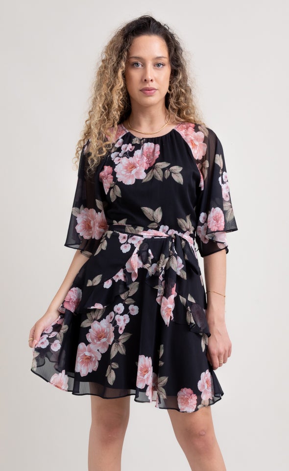Chiffon Ruffle Skater Dress Black/floral