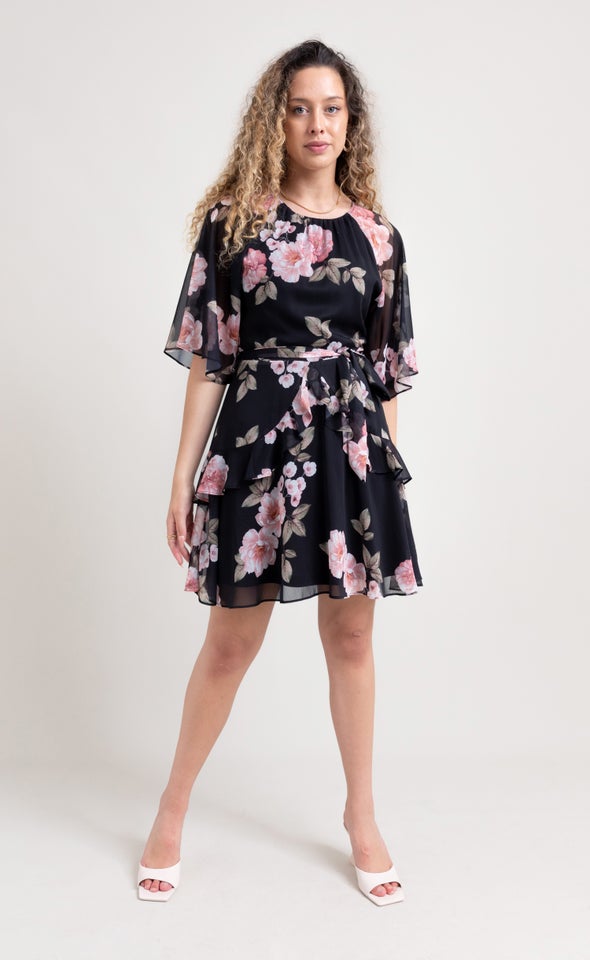 Chiffon Ruffle Skater Dress Black/floral