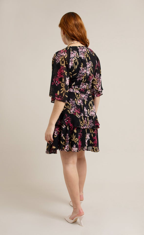 Chiffon Ruffle Skater Dress Black/pink