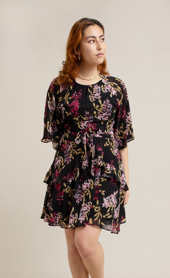 Chiffon Ruffle Skater Dress Black/pink