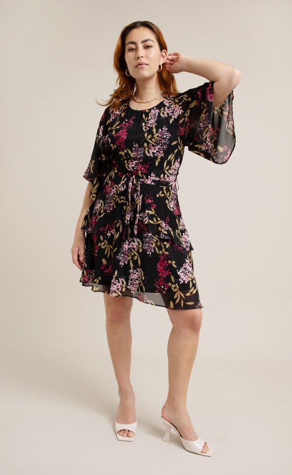 Chiffon Ruffle Skater Dress Black/pink