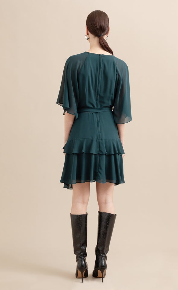 Chiffon Ruffle Skater Dress Dark Emerald