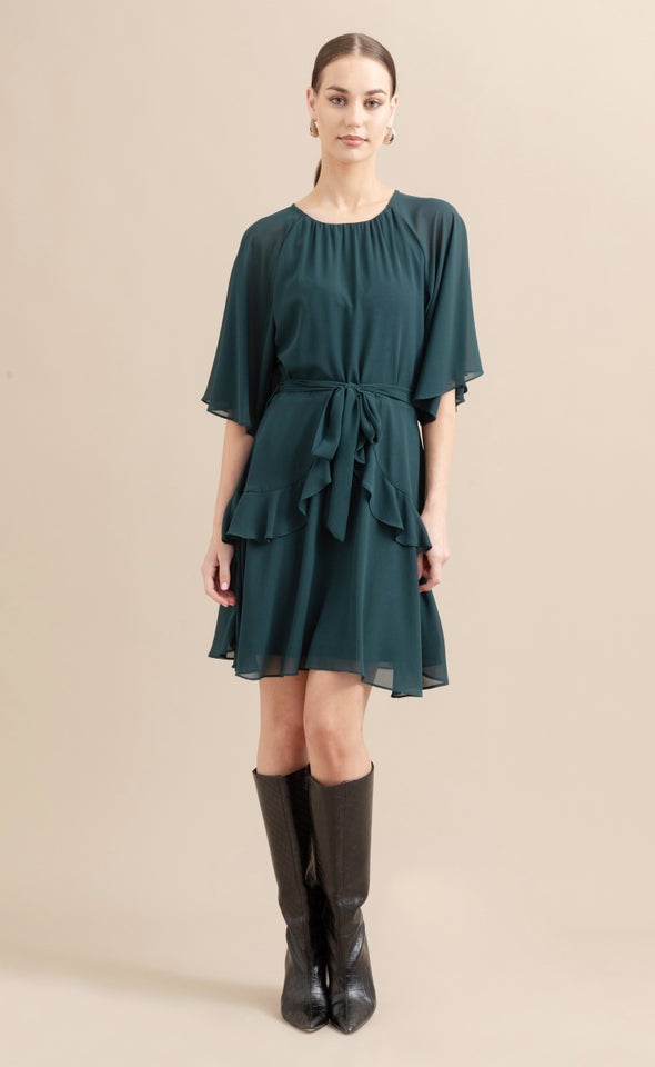 Chiffon Ruffle Skater Dress Dark Emerald