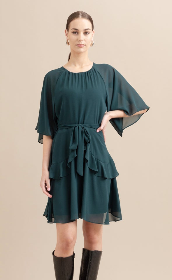 Chiffon Ruffle Skater Dress Dark Emerald