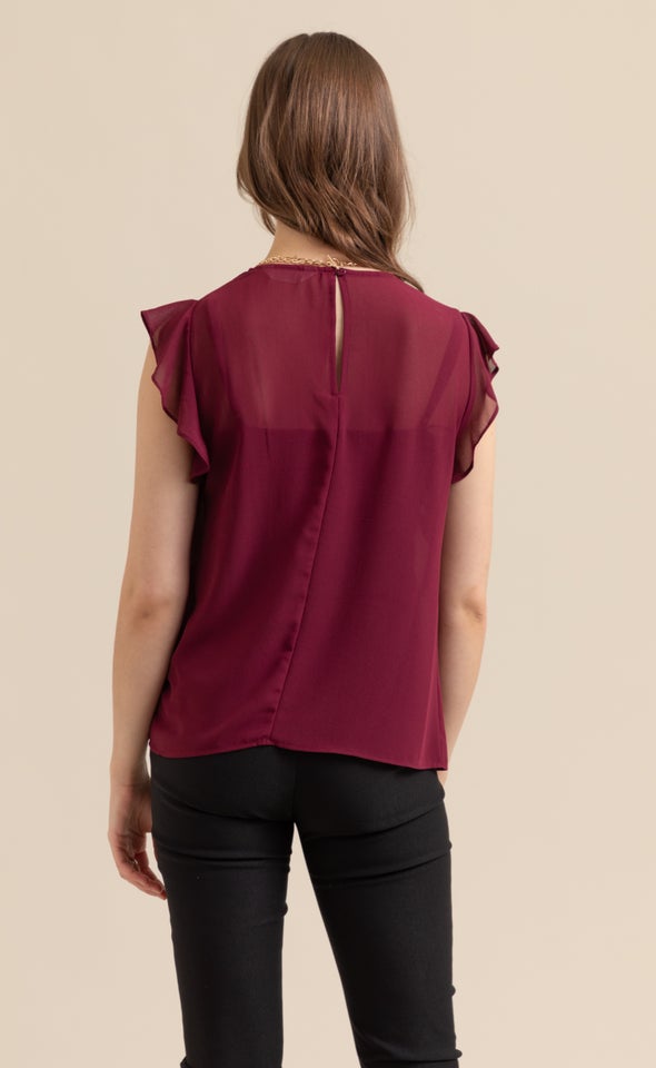 Chiffon Ruffle Sleeve Shell Top Aubergine