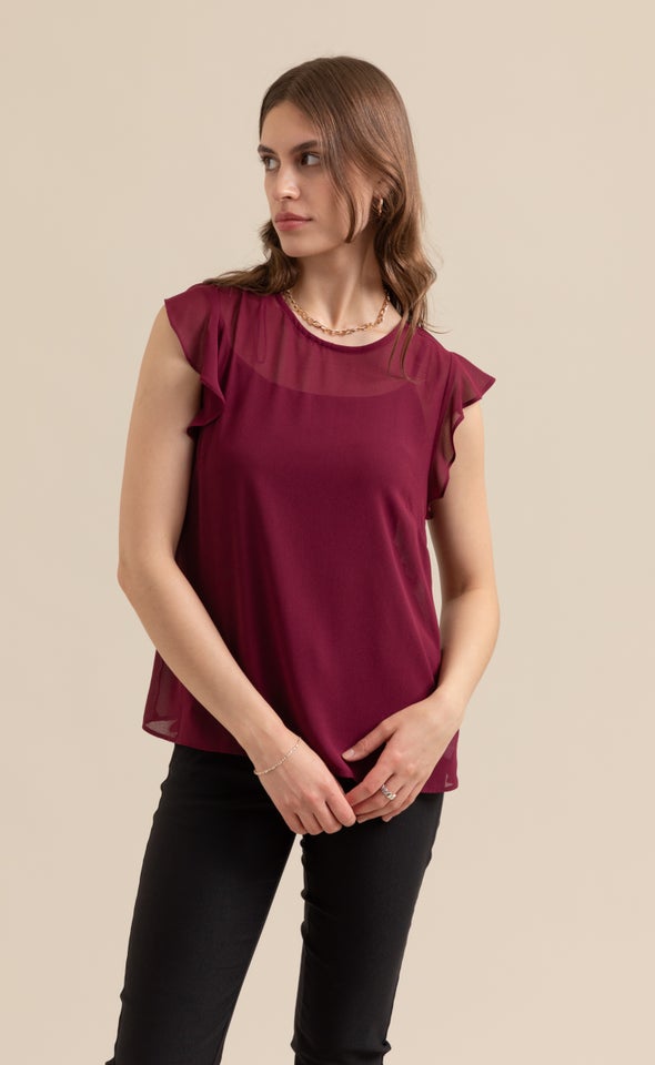 Chiffon Ruffle Sleeve Shell Top Aubergine