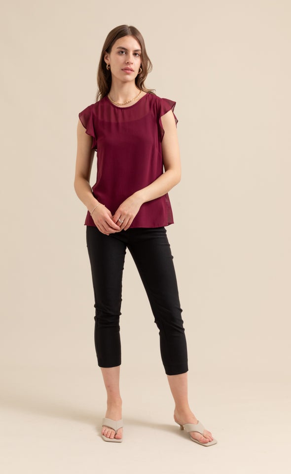 Chiffon Ruffle Sleeve Shell Top Aubergine