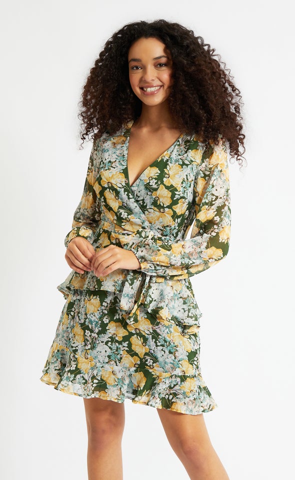 Chiffon Ruffle Wrap LS Dress Green/floral
