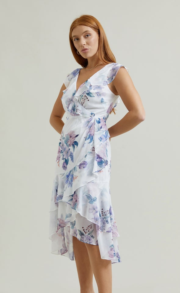 Chiffon Ruffle Wrap Midi Dress Cream/floral