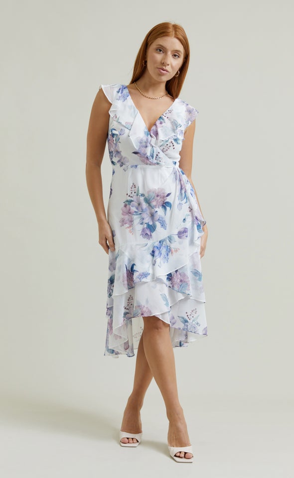 Chiffon Ruffle Wrap Midi Dress Cream/floral