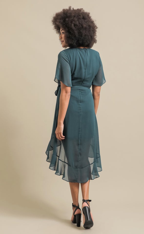 Chiffon Ruffle Wrap Midi Dress Emerald