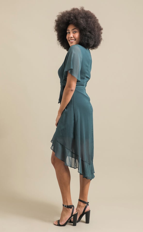 Chiffon Ruffle Wrap Midi Dress Emerald