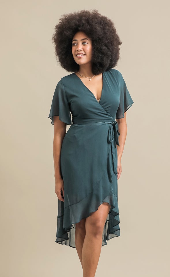 Chiffon Ruffle Wrap Midi Dress Emerald
