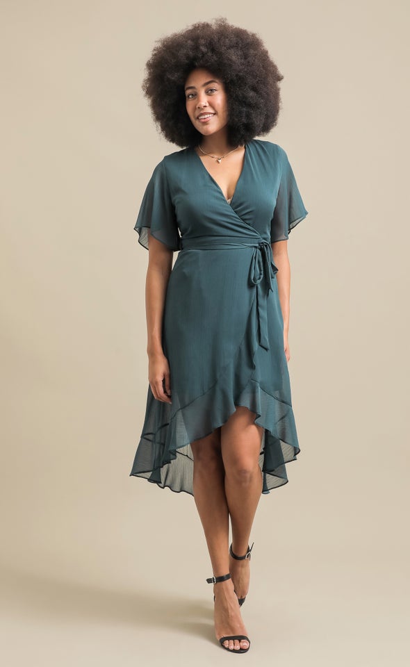 Chiffon Ruffle Wrap Midi Dress Emerald