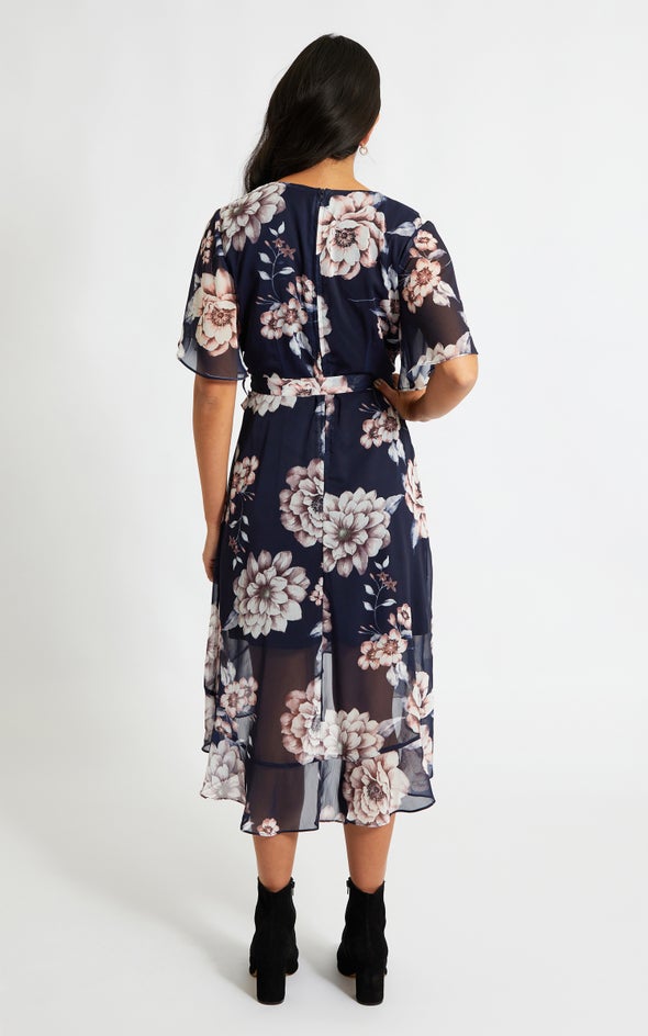Chiffon Ruffle Wrap Midi Dress Navy/floral