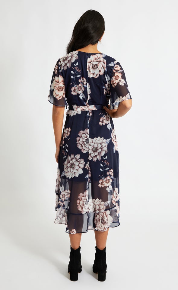 Chiffon Ruffle Wrap Midi Dress Navy/floral