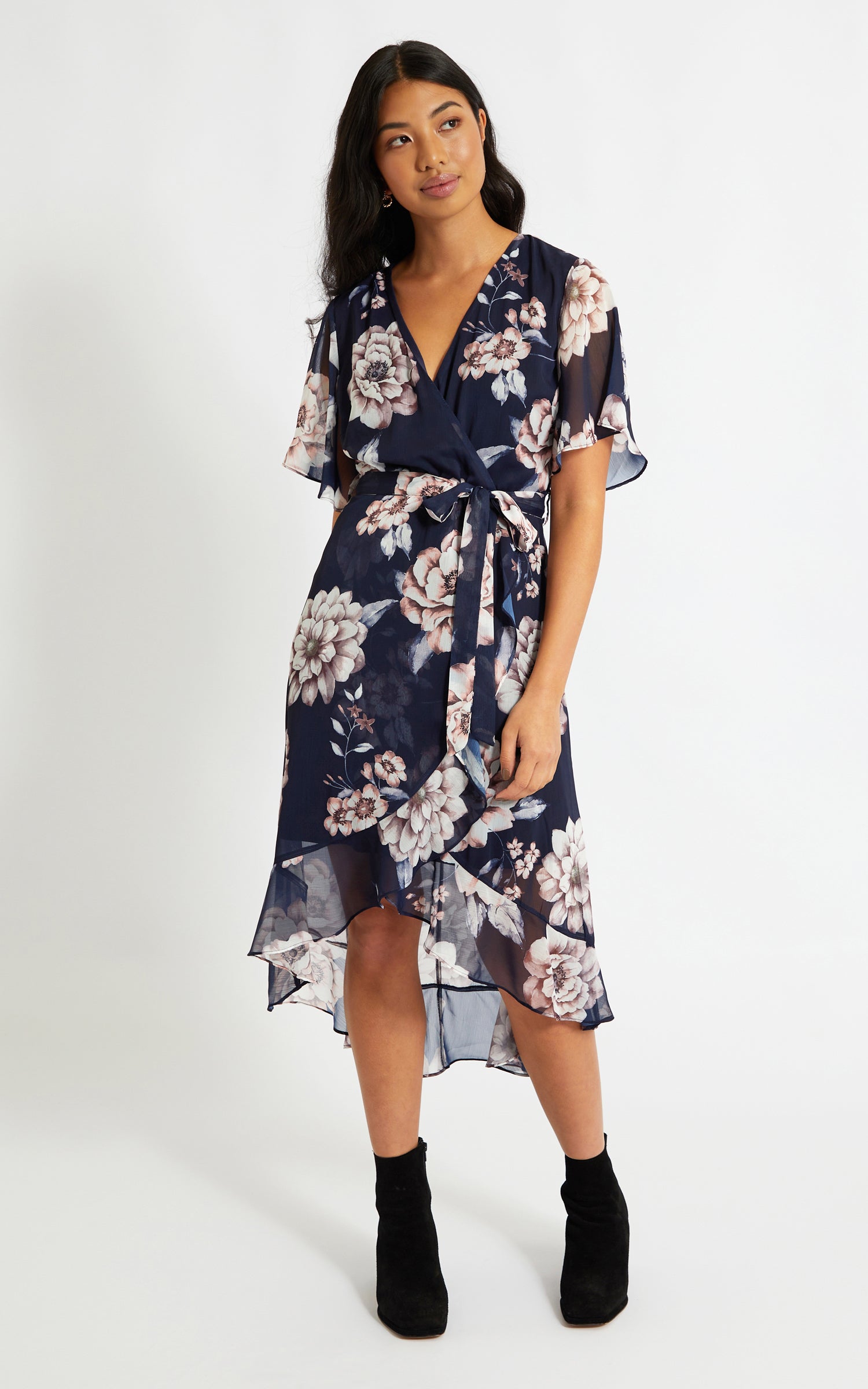 navy floral wrap midi dress