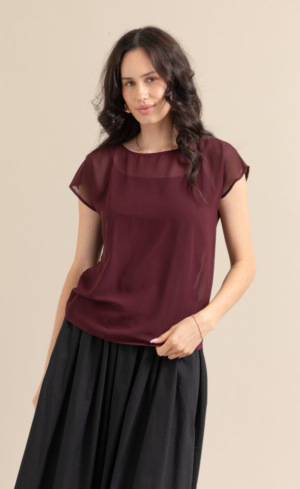 Chiffon Scoop Neck Top Aubergine