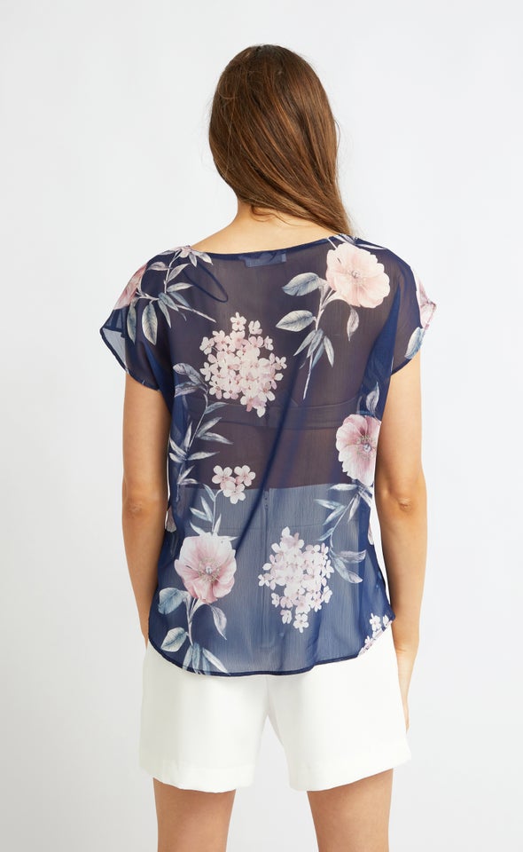 Chiffon Scoop Neck Top Navy/blush