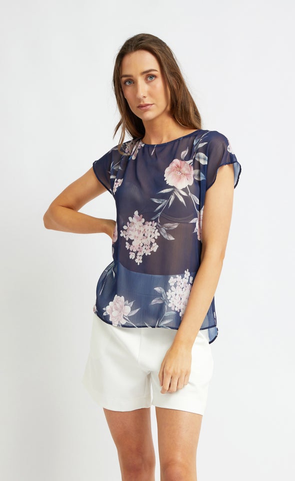 Chiffon Scoop Neck Top Navy/blush