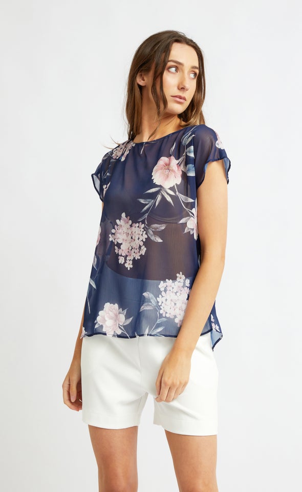 Chiffon Scoop Neck Top Navy/blush