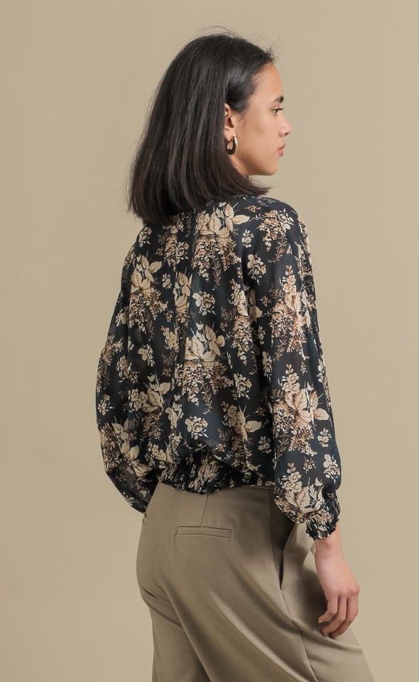 Chiffon Shirred Batwing Top Emerald/floral