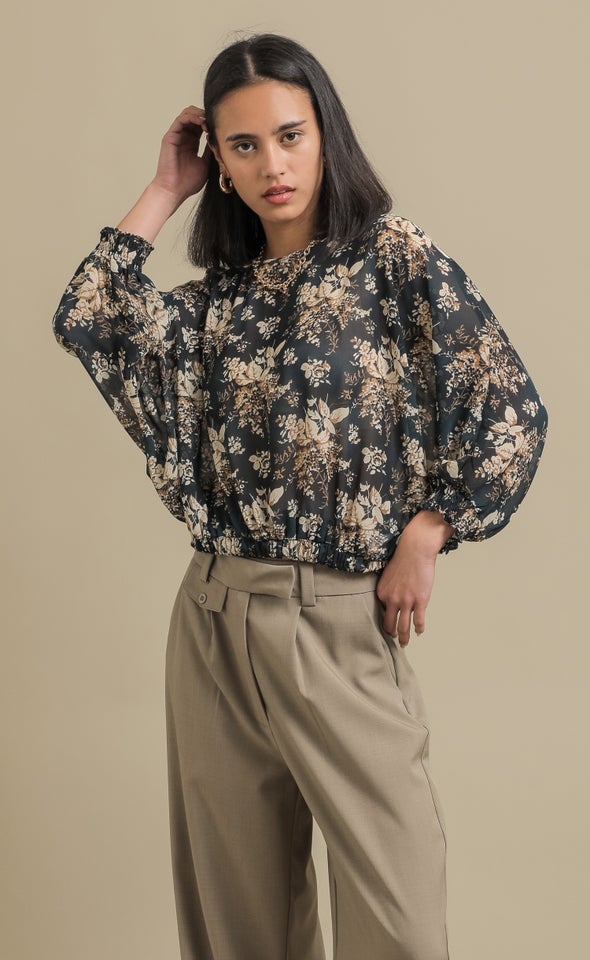 Chiffon Shirred Batwing Top Emerald/floral