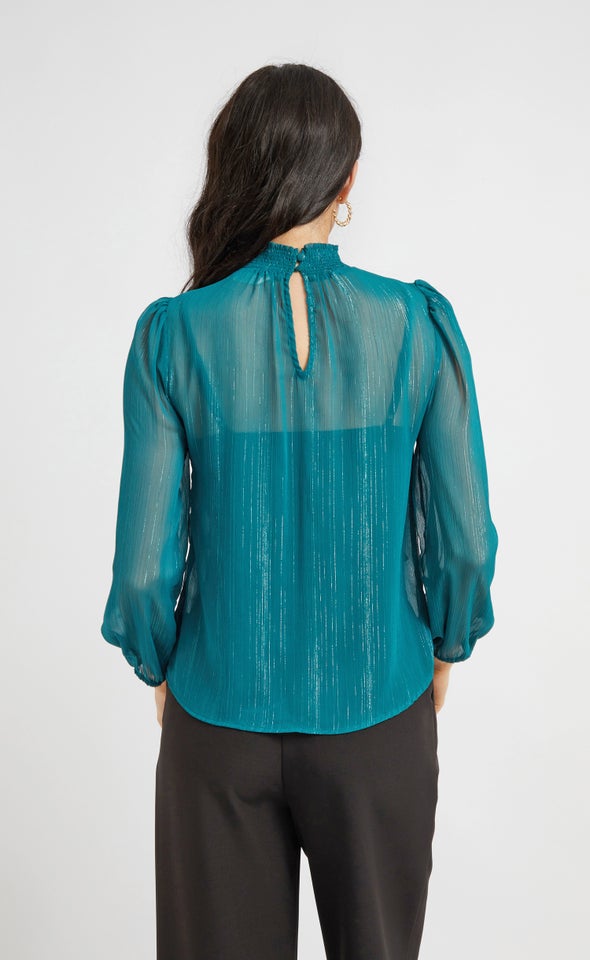 Chiffon Shirred High Neck LS Top Dark Teal