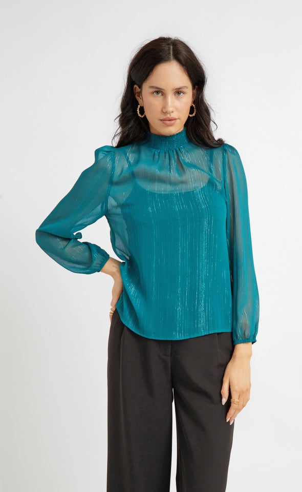 Chiffon Shirred High Neck LS Top Dark Teal