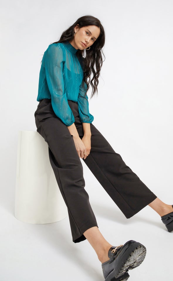 Chiffon Shirred High Neck LS Top Dark Teal