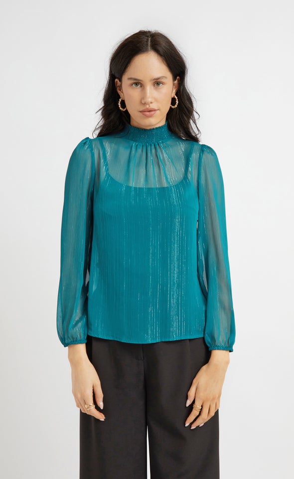 Chiffon Shirred High Neck LS Top Dark Teal