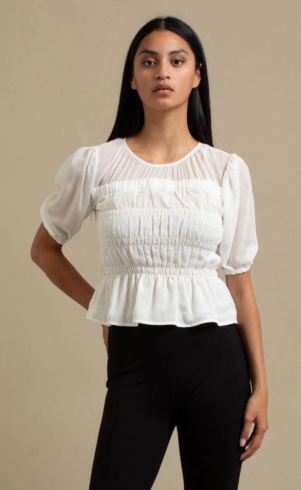 Chiffon Shirred Short Sleeve Top Cream