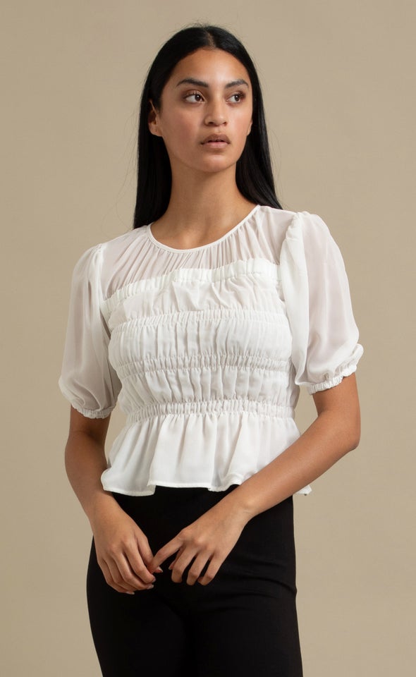 Chiffon Shirred Short Sleeve Top Cream