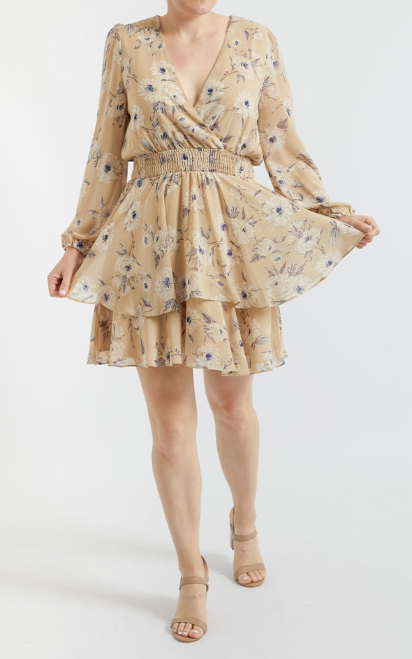 Chiffon Shirred Waist LS Dress Beige/floral