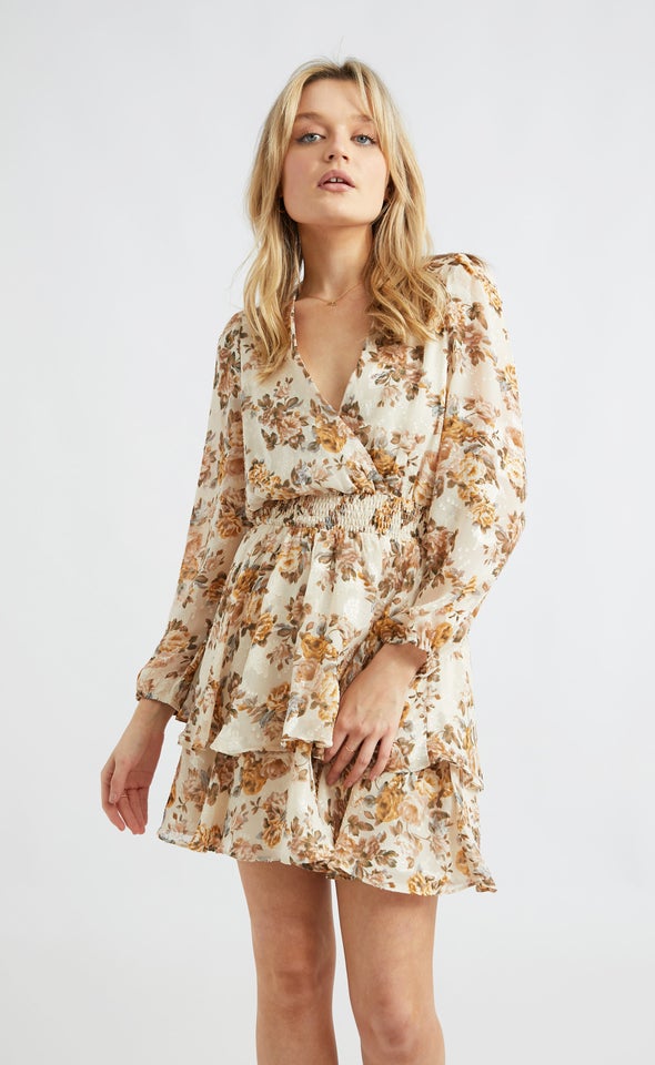 Chiffon Shirred Waist LS Dress Beige/floral