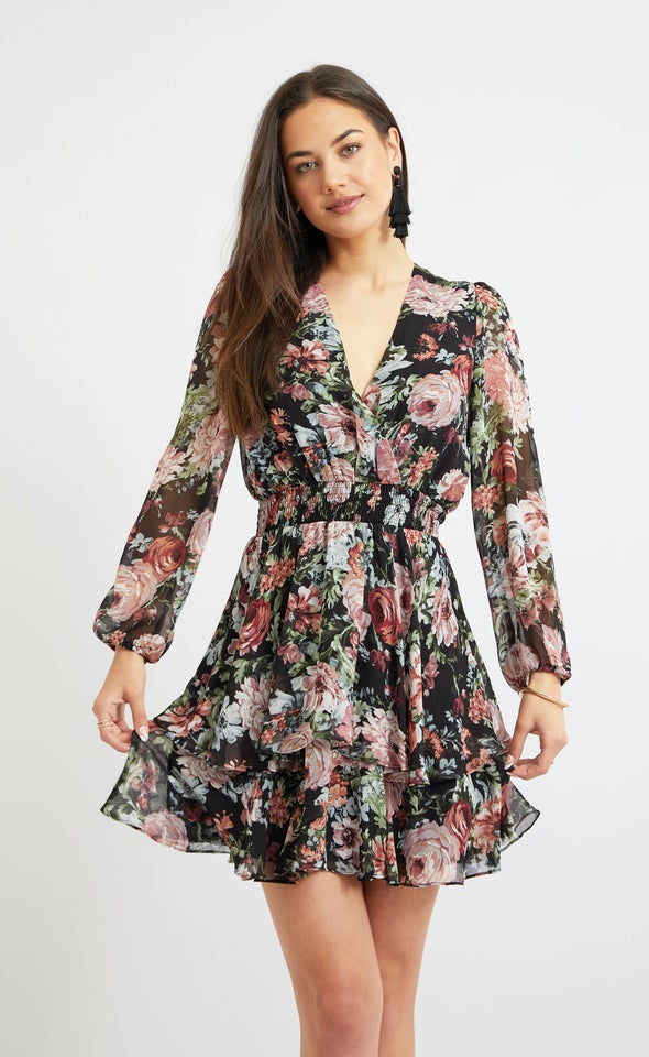 Chiffon Shirred Waist LS Dress Black/floral