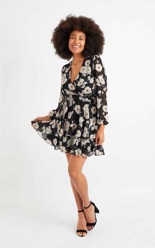 Chiffon Shirred Waist LS Dress Black/floral