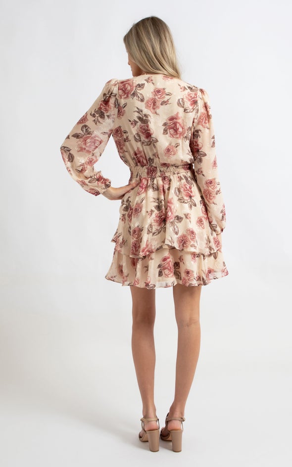 Chiffon Shirred Waist LS Dress Blush/floral