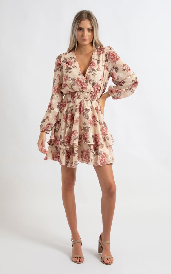 Chiffon Shirred Waist LS Dress Blush/floral