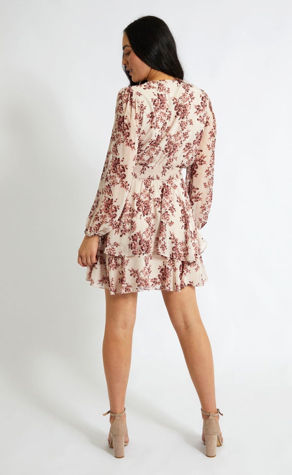 Chiffon Shirred Waist LS Dress Blush/maroon